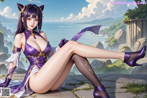 A woman in a purple outfit sitting on a rock by the ocean.