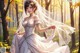 A woman in a wedding dress standing in the woods.