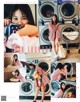 A collage of photos of a woman in front of a washing machine.