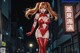 A woman in a red bodysuit is walking down the street.