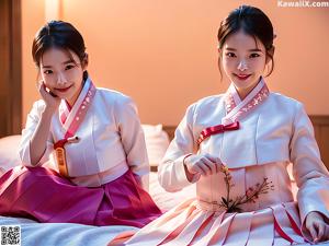 A couple of women sitting on top of a bed.